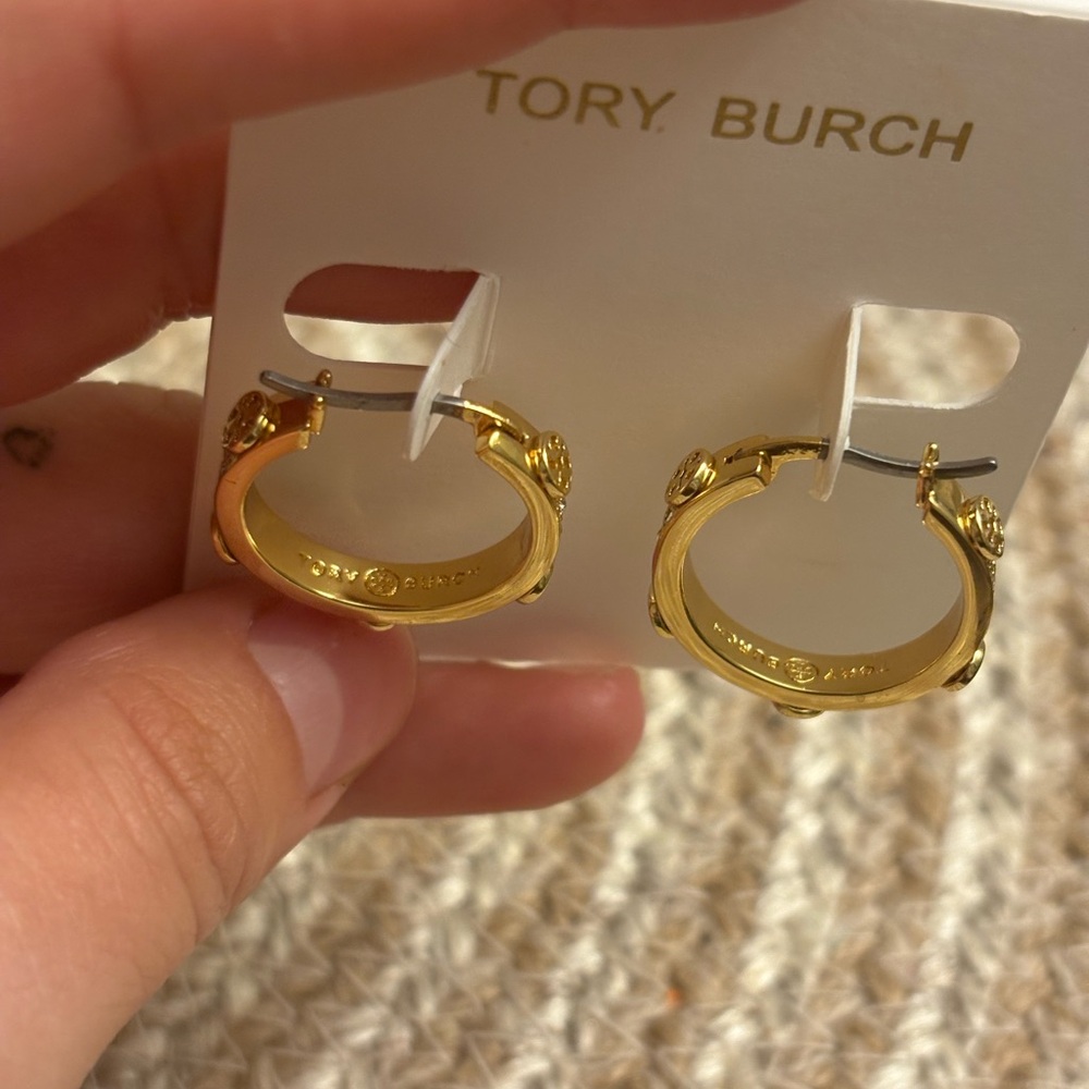 Tory Burch Gold Embellished Hoop Earrings - Picture 3 of 10